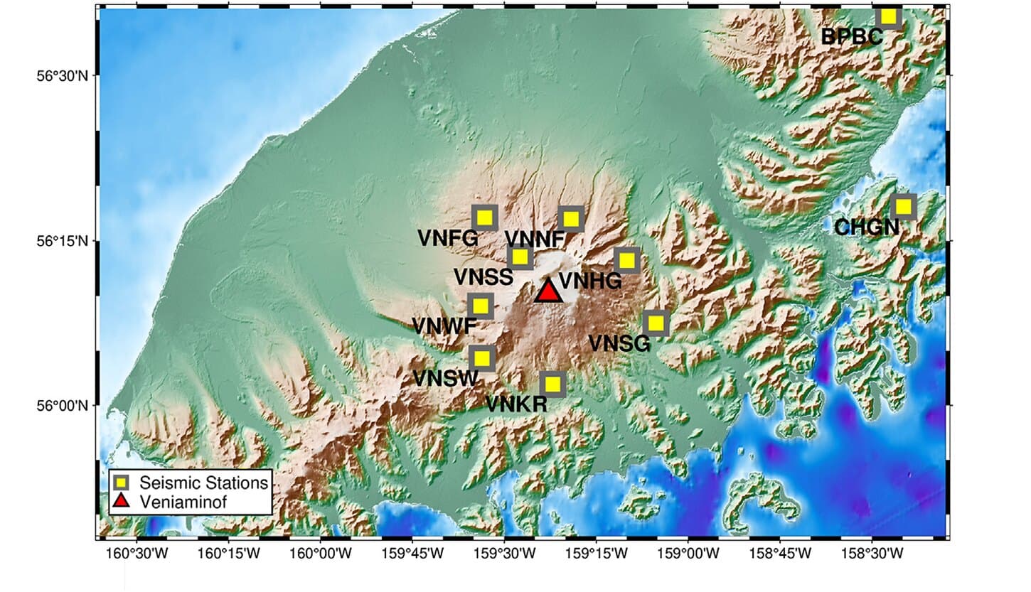 Veniaminof Volcano (red triangle) and its seismic stations on the Alaska Peninsula. From Li et al. (2025), Frontiers in Earth Science, CC BY 4.0.